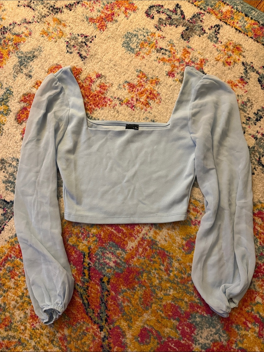 Light Blue Square Neck Puff Sleeve Crop Top